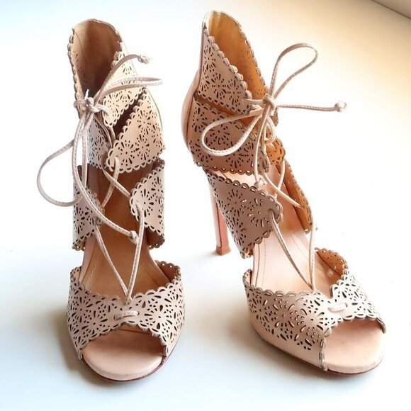 Schutz Tan Perforated Leather Heels Lace-up Peep Toe Summer Shoes Size 6.5 - Picture 5 of 16